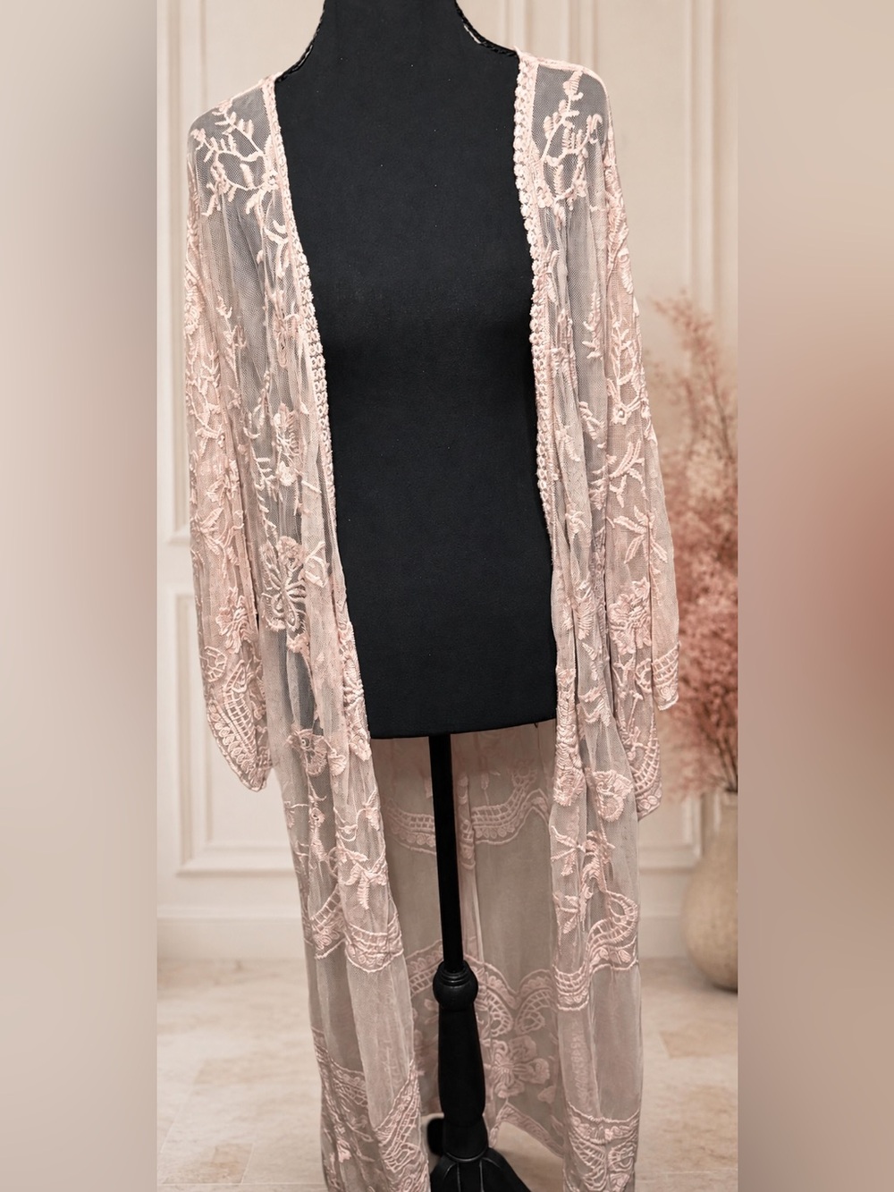 Romantic Plus Size Blush Embroidered Lace Maxi Duster Boho Bridal Beach Cover Up